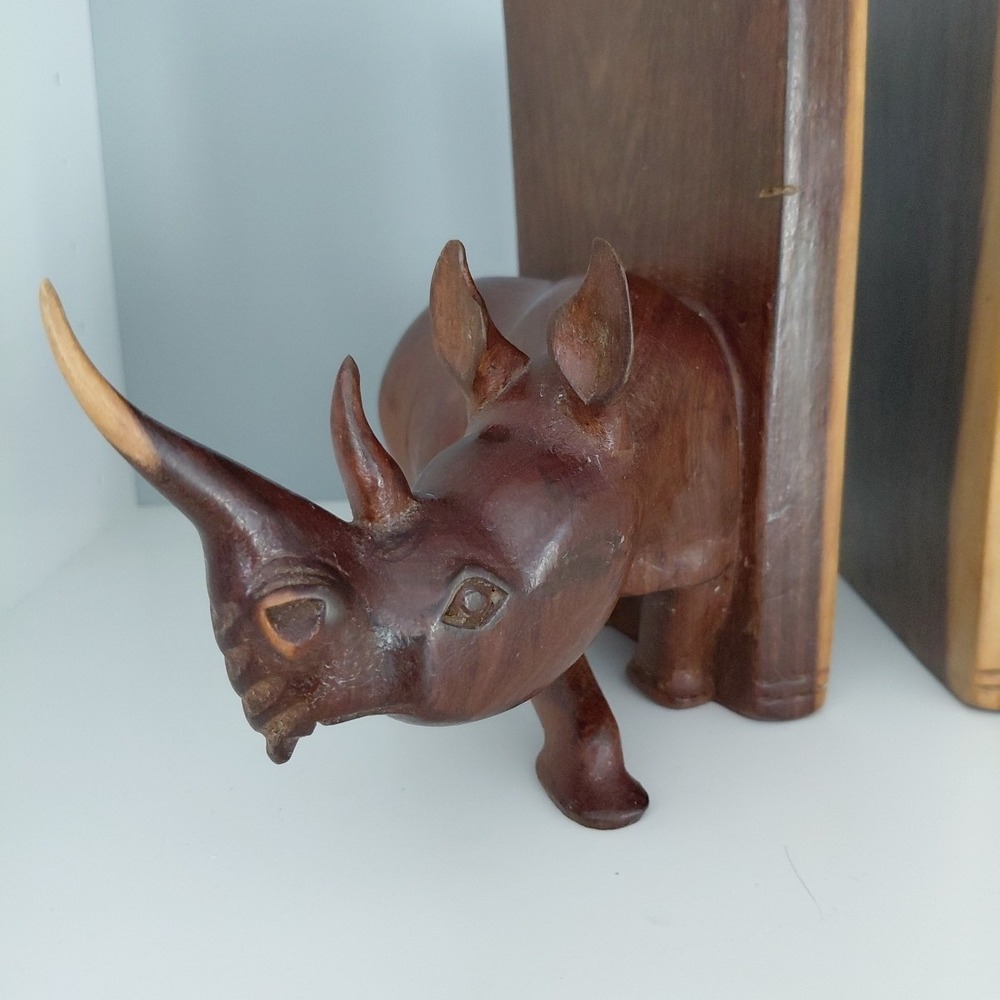 Vintage Hand Carved Natural Wood African RHINO Bookends Heavy Artist Detailed - Picture 3 of 16